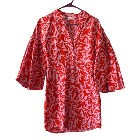 Veronica Beard Samy Red & Pink Poppy Floral Print Button Up Mini Shirt Dress 4 - Picture 2 of 12